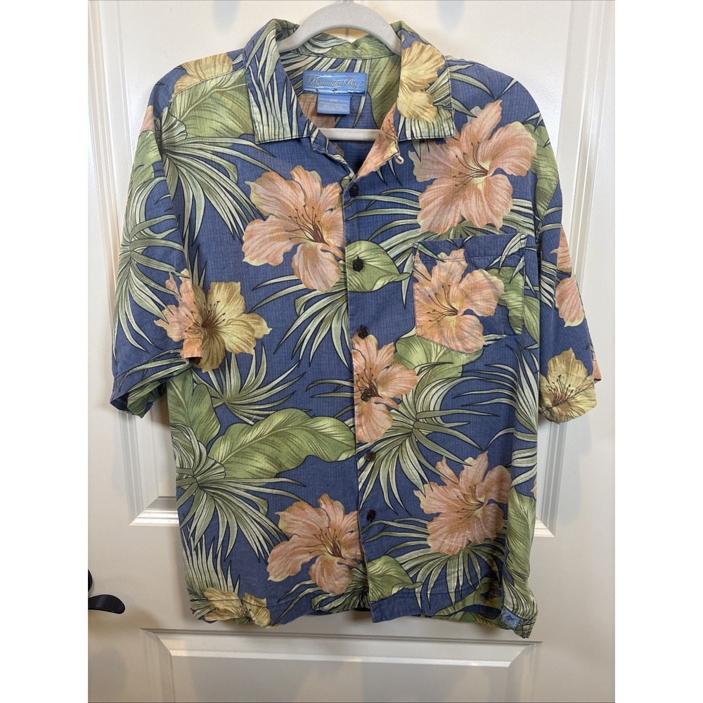 Bermuda Bay Men Size Medium 100% Silk Tropical Floral Hawaiian Shirt Resort